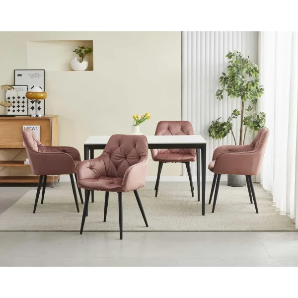 Scaun stil fotoliu bucatarie/living, Artool, York, catifea roz, picioare metal negru, 56x62x83.5 cm