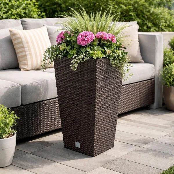 Set 2 ghivece de flori, Rato, imitatie ratan, inalte, 22.5x22.5x42 cm, maro, Prosperplast