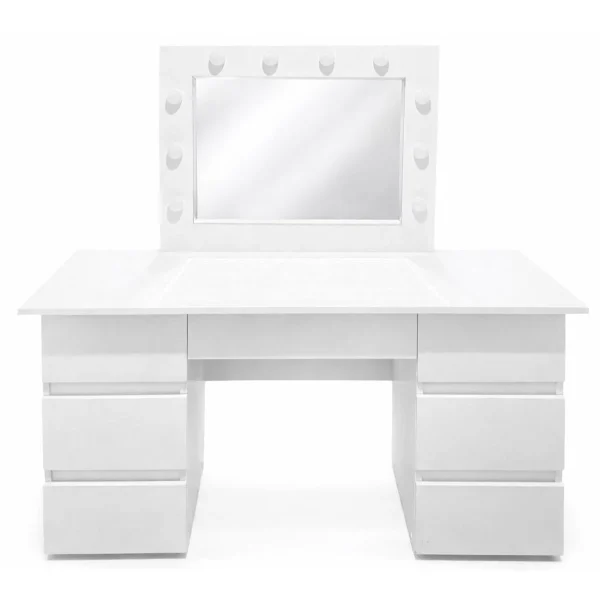 Masa de toaleta/machiaj, Vanessa + scaun Avola, alb, cu oglinda si LED-uri, 130x43x143 cm