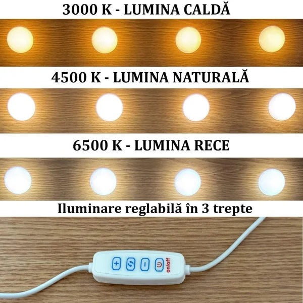 Masa de toaleta/machiaj, Irina, stejar + scaun Noto, negru, cu oglinda si LED-uri, 94x43x141 cm