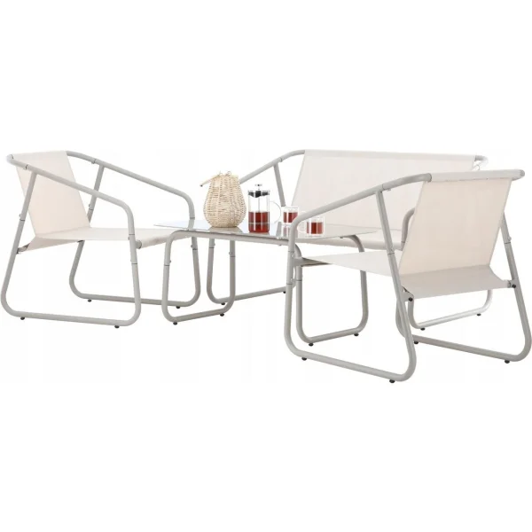 Set mobilier gradina/terasa, bej, otel, textil, 1 masa, 2 scaune, 1 canapea, Soffi