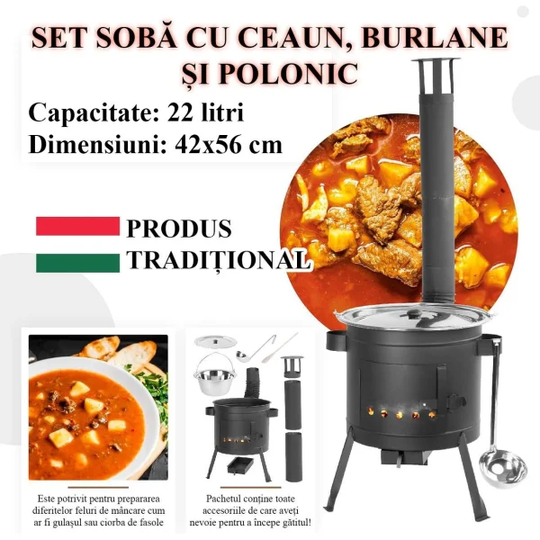 Set soba cu ceaun/tuci, cu burlane, 42 cm, ceaun de 22 L, polonic, lingura de lemn, Artool