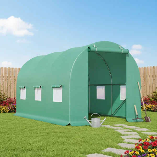 Solar de gradina, dimensiune 300x200x200cm, folie verde PE cu plasa 140g/mp UV, 1 usa, 6 ferestre, teava otel galvanizat de 19mm