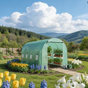 Solar de gradina, dimensiune 400x300x200cm, folie verde PE cu plasa 140g/mp UV, 1 usa, 8 ferestre, teava otel galvanizat de 19mm