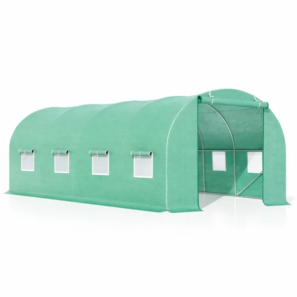 Solar de gradina, dimensiune 400x300x200cm, folie verde PE cu plasa 140g/mp UV, 1 usa, 8 ferestre, teava otel galvanizat de 19mm
