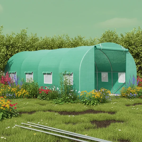 Solar de gradina, dimensiune 400x300x200cm, folie verde PE cu plasa 140g/mp UV, 1 usa, 8 ferestre, teava otel galvanizat de 19mm