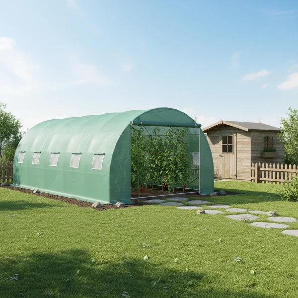 Solar de gradina, dimensiune 500x300x200cm, folie verde PE cu plasa 140g/mp UV, 1 usa, 10 ferestre, teava otel galvanizat de 19mm