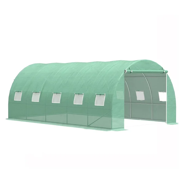 Solar de gradina, dimensiune 500x300x200cm, folie verde PE cu plasa 140g/mp UV, 1 usa, 10 ferestre, teava otel galvanizat de 19mm