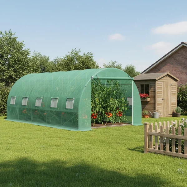 Solar de gradina, dimensiune 500x300x200cm, folie verde PE cu plasa 140g/mp UV, 1 usa, 10 ferestre, teava otel galvanizat de 19mm