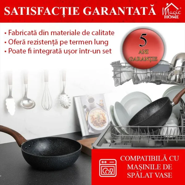 Tigaie tip Wok cu maner de lemn, 28 cm, Magic Home