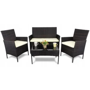 Set mobilier gradina/terasa, poliratan, maro cu perne crem, 1 masa, 2 fotolii, 1 canapea, Medi