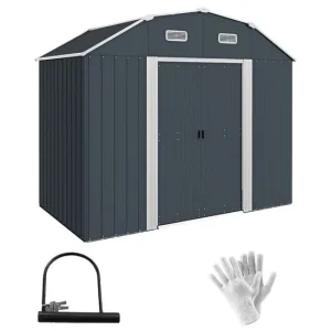 Casuta/magazie/sopron de gradina pentru depozitare unelte, cu structura baza inclusa, otel , cu manusi, lacat si chei, gri inchis, 238x132x198.5 cm