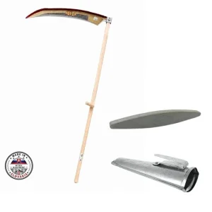 Coasa cu coada lemn, forjata premium, 700 mm, cosit fan si iarba pe suprafete mari, otel austriac batut de inalta calitate, piatra naturala ascutit, teaca zinca