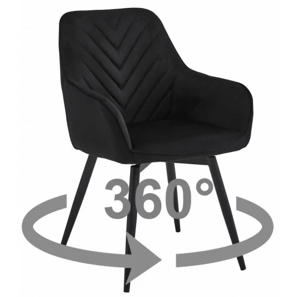 Scaun stil fotoliu bucatarie/living, Artool, Nana, rotativ, catifea neagra, picioare metal negru, 56x61x83.5 cm