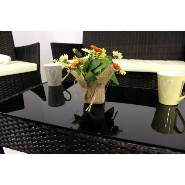 Set mobilier gradina/terasa, poliratan, maro cu perne crem, 1 masa, 2 fotolii, 1 canapea, Medi