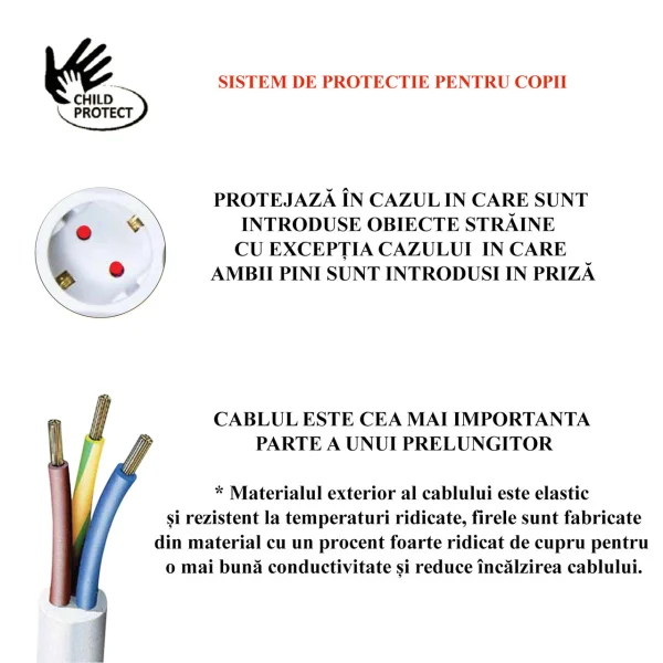 Prelungitor electric cu impamantare si protectie copii, 5 prize, cablu 3m