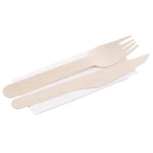 Tacamuri de unica folosinta, ecologice, lemn, cutit, furculita, servetel, 16 cm