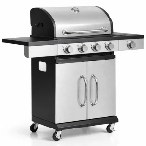 Gratar gradina, grill dreptunghiular, cu gaz, 4+1 arzatoare, cu roti, capac, 120x48x110 cm, BBQ Forbes 