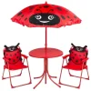 Set mobilier gradina/terasa pentru copii, pliabil, rosu, model buburuza, 1 masa cu umbrela, 2 scaune, Melisenda