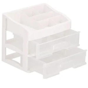 Organizator cosmetice, plastic, 3 niveluri, 2 sertare, alb, 30x25x34 cm, Springos
