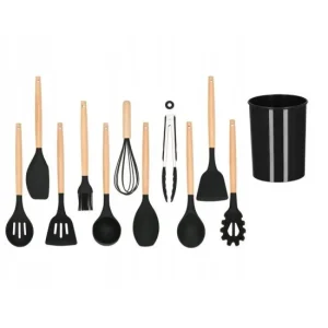 Set ustensile bucatarie, silicon si bambus, negru, 12 piese, Springos