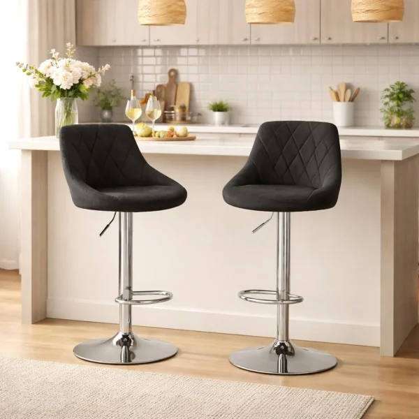 Scaun de bucatarie/bar, Artool, Kast, rotativ, catifea neagra, picior metal argintiu, 45.5x49x85-105 cm