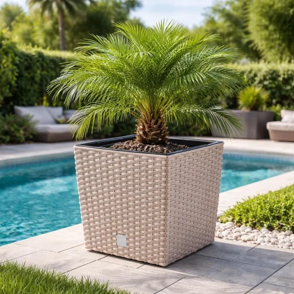 Ghiveci de flori, Prosperplast, Rato Low, patrat, 32 L, imitatie ratan, cafeniu, 32x32x32.5 cm