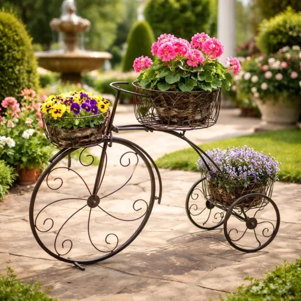 Suport metalic pentru flori, model bicicleta vintage, 3 ghivece, 60x21x42 cm, Strend Pro