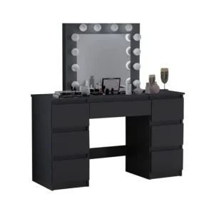 Masa de toaleta/machiaj, negru, cu oglinda si LED-uri, Vanessa130x43x143 cm