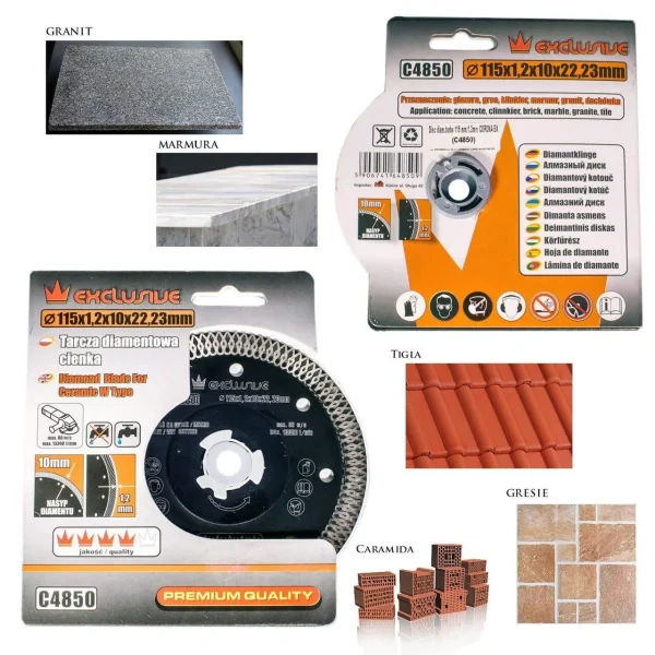Disc diamantat turbo subtire, placi ceramice, taiere umeda si uscata, 115 mm/22.23 mm, Richmann Exclusive