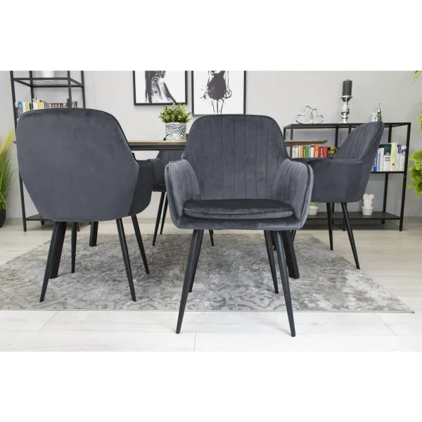 Scaun stil fotoliu bucatarie/living, Artool, Lugo, catifea gri, picioare metal negru, 57.5x56.5x86.5 cm