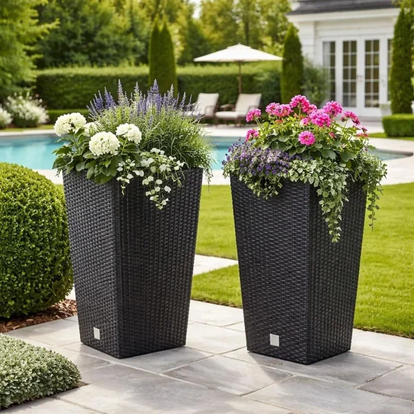 Ghiveci decorativ de flori, patrat, 32.5x32.5x61 cm, imitatie ratan, antracit, Prosperplast