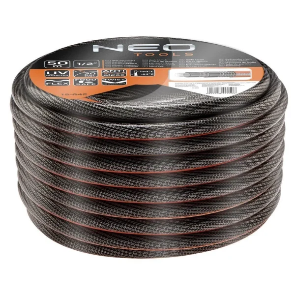 Furtun de gradina cu carucior, 6 straturi, antirasucire, pistol de stropit, accesorii, 1/2", 50 m, NEO