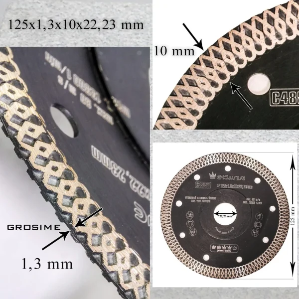 Disc diamantat turbo subtire, ceramica, taiere umeda si uscata, 125 mm/22.23 mm, Richmann Exclusive