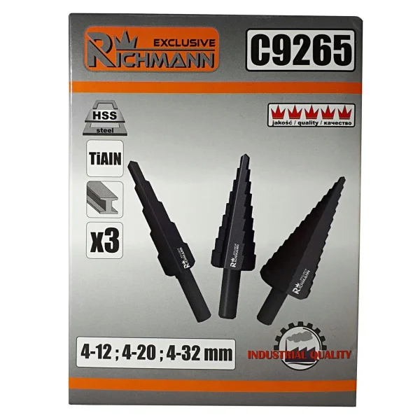 Burghie pentru metal, in trepte, nitrura de titan, set 3 buc, 4-12/20/32 mm, Richmann Exclusive