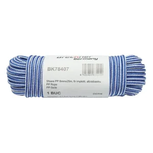 Franghie PP, impletita, alb si albastru, 8 mm, 25 m, Breckner Germany