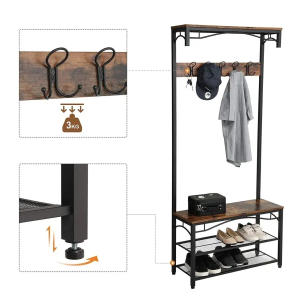 Cuier cu 2 rafturi pentru incaltaminte, Vasagle, banca, pal si metal, negru, 80x30x178.5 cm