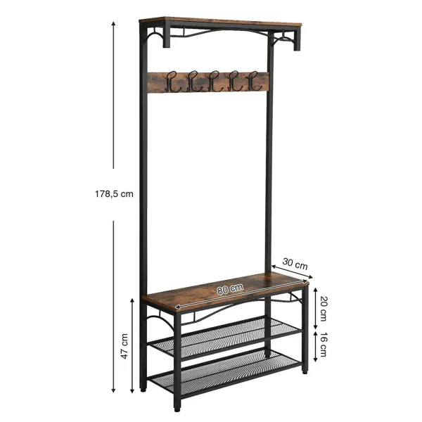 Cuier cu 2 rafturi pentru incaltaminte, Vasagle, banca, pal si metal, negru, 80x30x178.5 cm