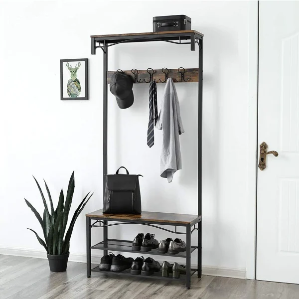 Cuier cu 2 rafturi pentru incaltaminte, Vasagle, banca, pal si metal, negru, 80x30x178.5 cm