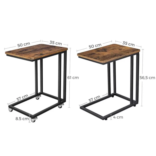 Masa de cafea, Vasagle, pe roti, pal si metal, maro rustic, 50x35x61 cm