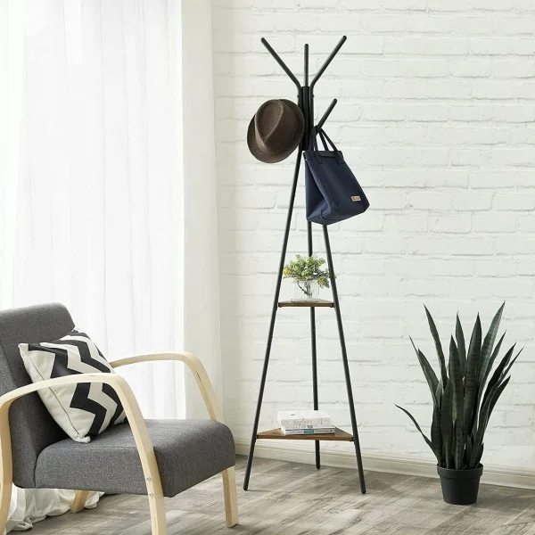 Cuier, Songmics, 6 carlige, 2 rafturi, metal, negru, 49x49x179 cm