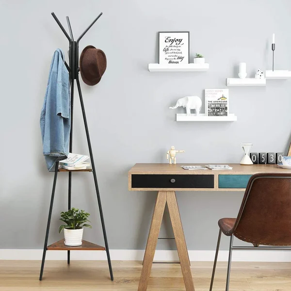 Cuier, Songmics, 6 carlige, 2 rafturi, metal, negru, 49x49x179 cm