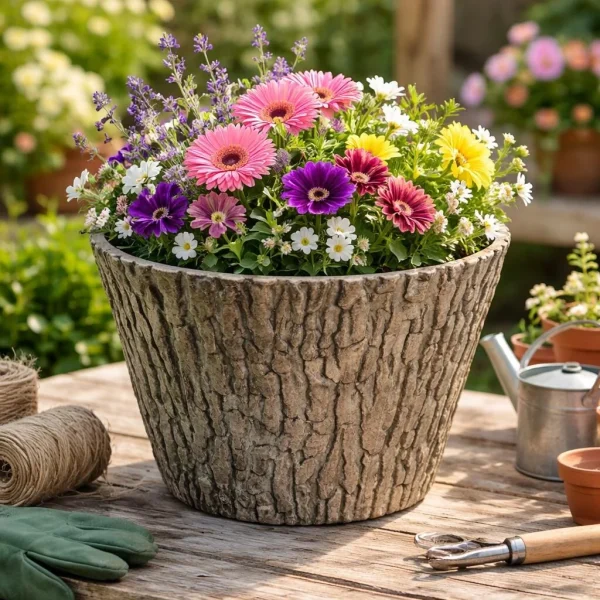 Ghiveci decorativ de gradina, model scoarta de copac, rezistent la intemperii, diametru 38 cm