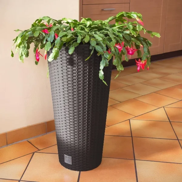 Ghiveci decorativ de flori, Prosperplast, Rato, imitatie ratan, rotund, inalt, maro, 40x76.3 cm