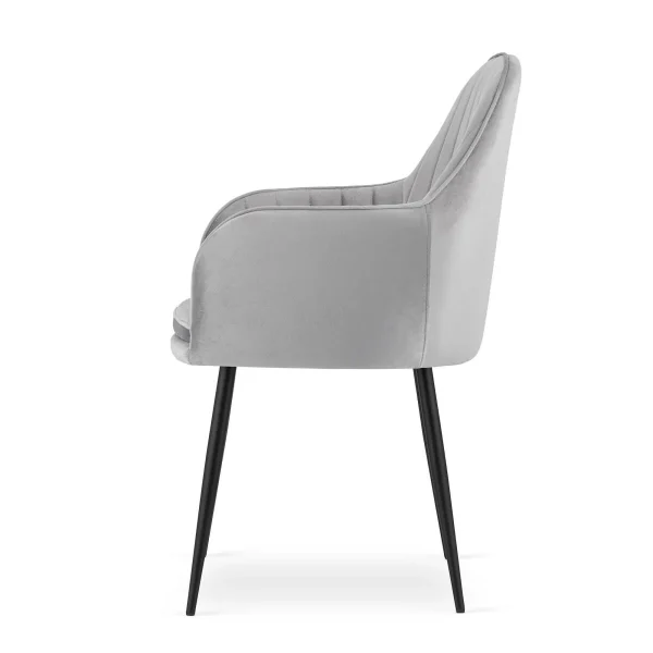 Scaun stil fotoliu bucatarie/living, Artool, Lugo, catifea argintie, picioare metal negru, 57.5x56.5x86.5 cm