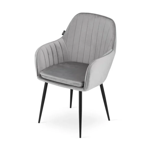 Scaun stil fotoliu bucatarie/living, Artool, Lugo, catifea argintie, picioare metal negru, 57.5x56.5x86.5 cm