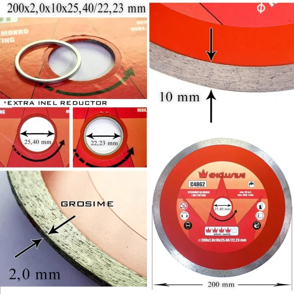 Disc diamantat continuu, placi ceramice, taiere umeda, 200 mm/25.4 mm, Richmann Exclusive