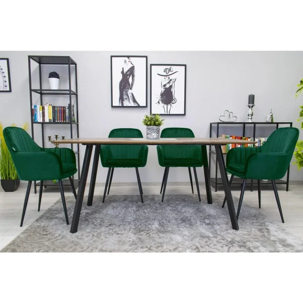 Scaun stil fotoliu bucatarie/living, Artool, Lugo, catifea verde, picioare metal negru, 57.5x56.5x86.5 cm
