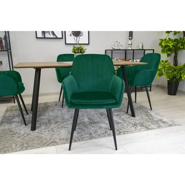 Scaun stil fotoliu bucatarie/living, Artool, Lugo, catifea verde, picioare metal negru, 57.5x56.5x86.5 cm