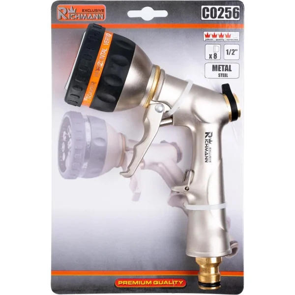 Pistol stropit gradina tip dus, metalic, 8 tipuri de jet reglabil, udare gazon, flori, legume, Richmann Exclusive